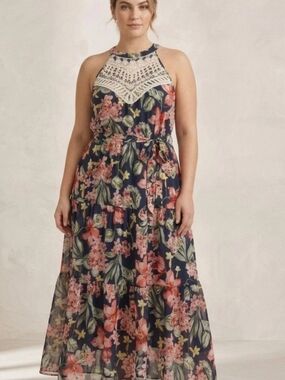 Floral Halter Maxi Dress with Lace Yoke - Navy Size 18W